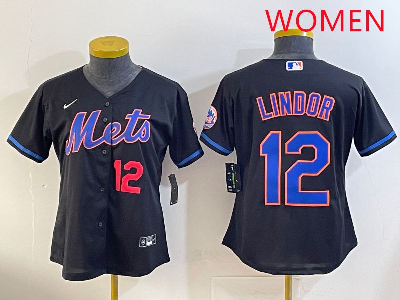Women 2025 New York Mets #12 Lindor Black Game Nike MLB Jersey style 6
